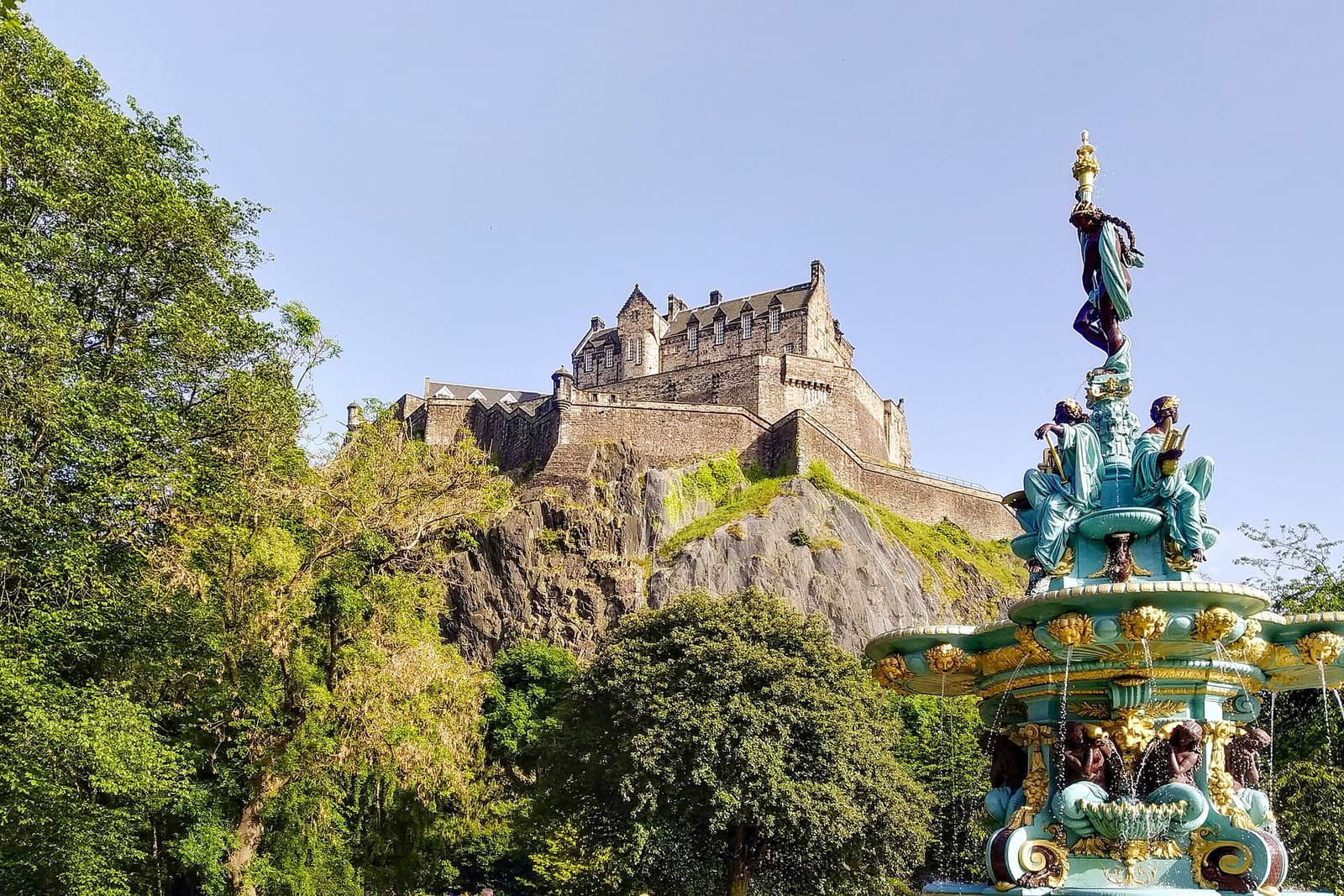 The Ross Fountain in Princes Street Gardens with Edinburgh Castle on its rock behind