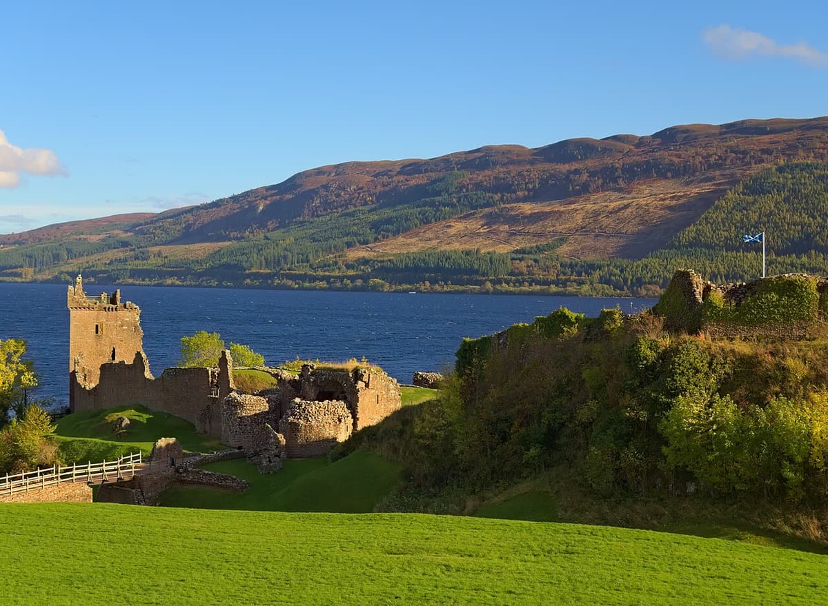 The ruins of Urquhart Castle on the shore of Loch Ness